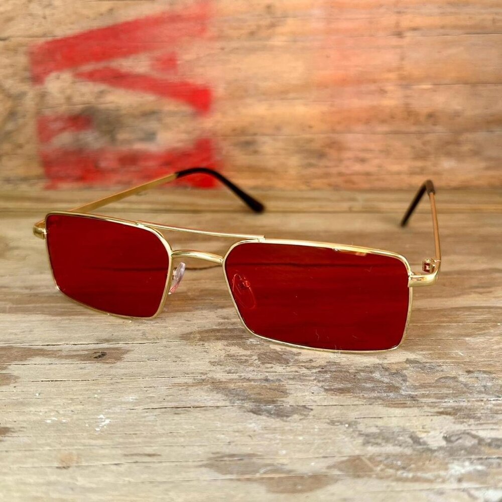 y2k style red classy sporty slim gold trim red lens sunglasses - Picture 5 of 7